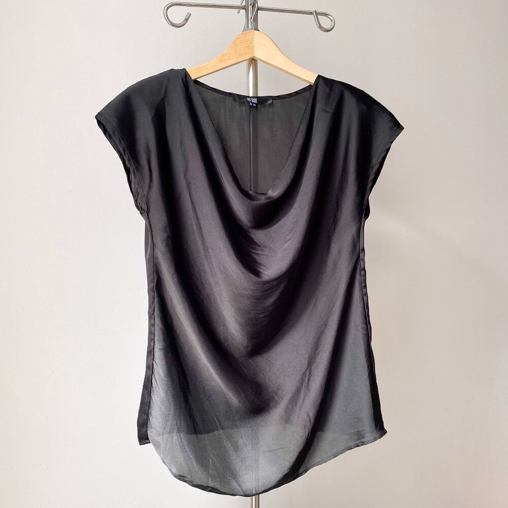 🍂 Elegant Shiny Y2K Charcoal Satin Cowl Neck Blouse with Padded Shoulders